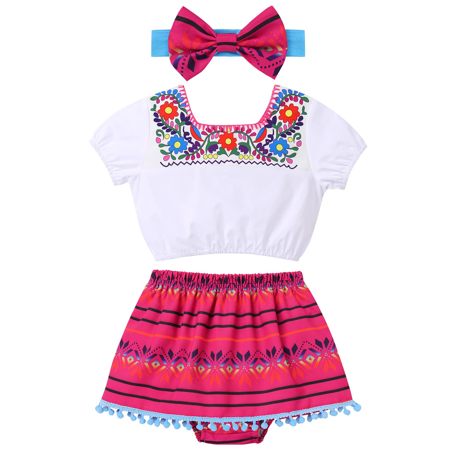 Baby Girl Traditional Mexican Cinco De Mayo Fiesta Dress Toddler My 1st Cinco de Mayo Outfit Crop Top Skirted Shorts Bowknot Headband Kids May 5 Summer Holiday Uno First Birthday Set Hot Pink 6-12M