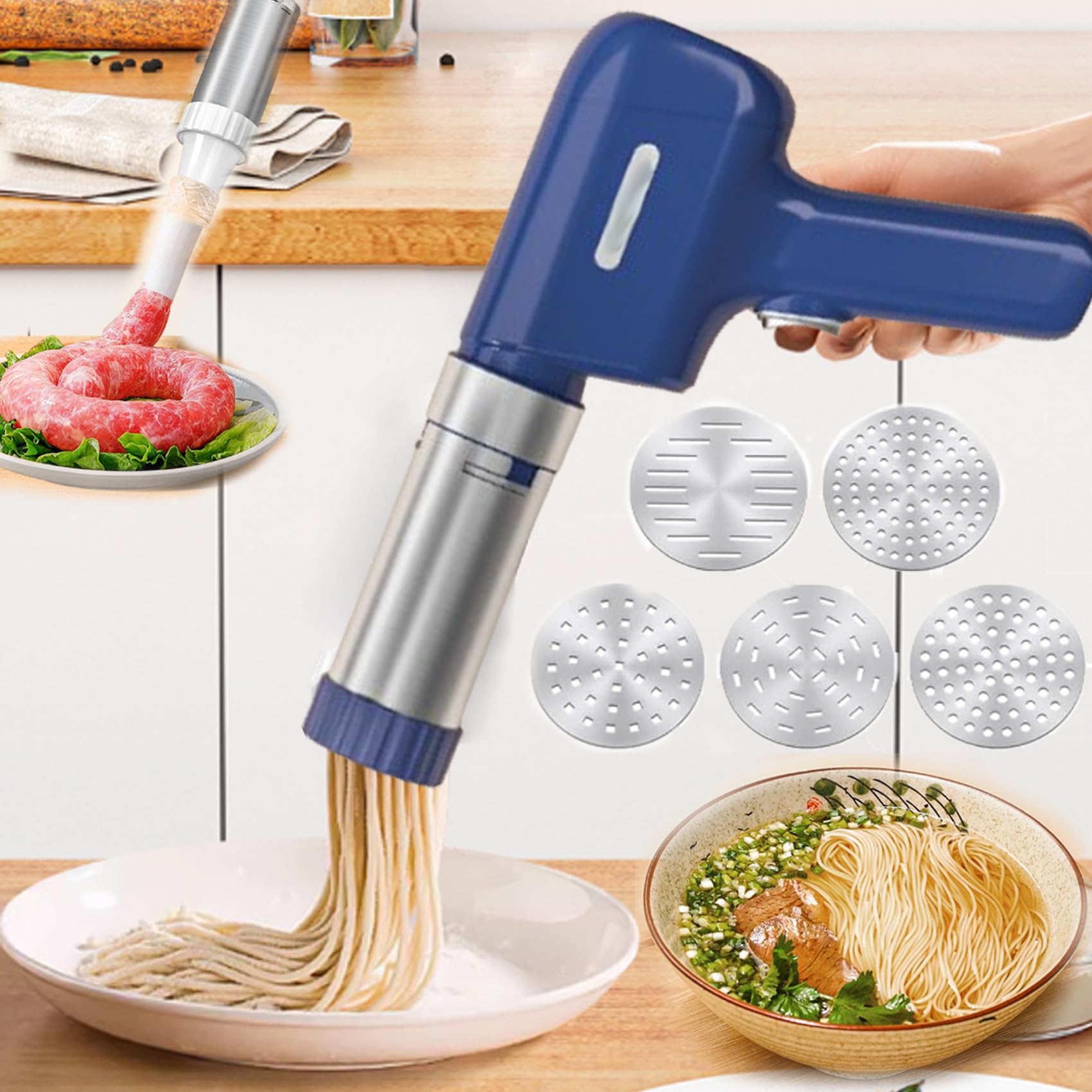 Electric Idiyappam Maker – 5 Molds, Rechargeable – Make Pasta In 20 Seconds, No Cord Needed!