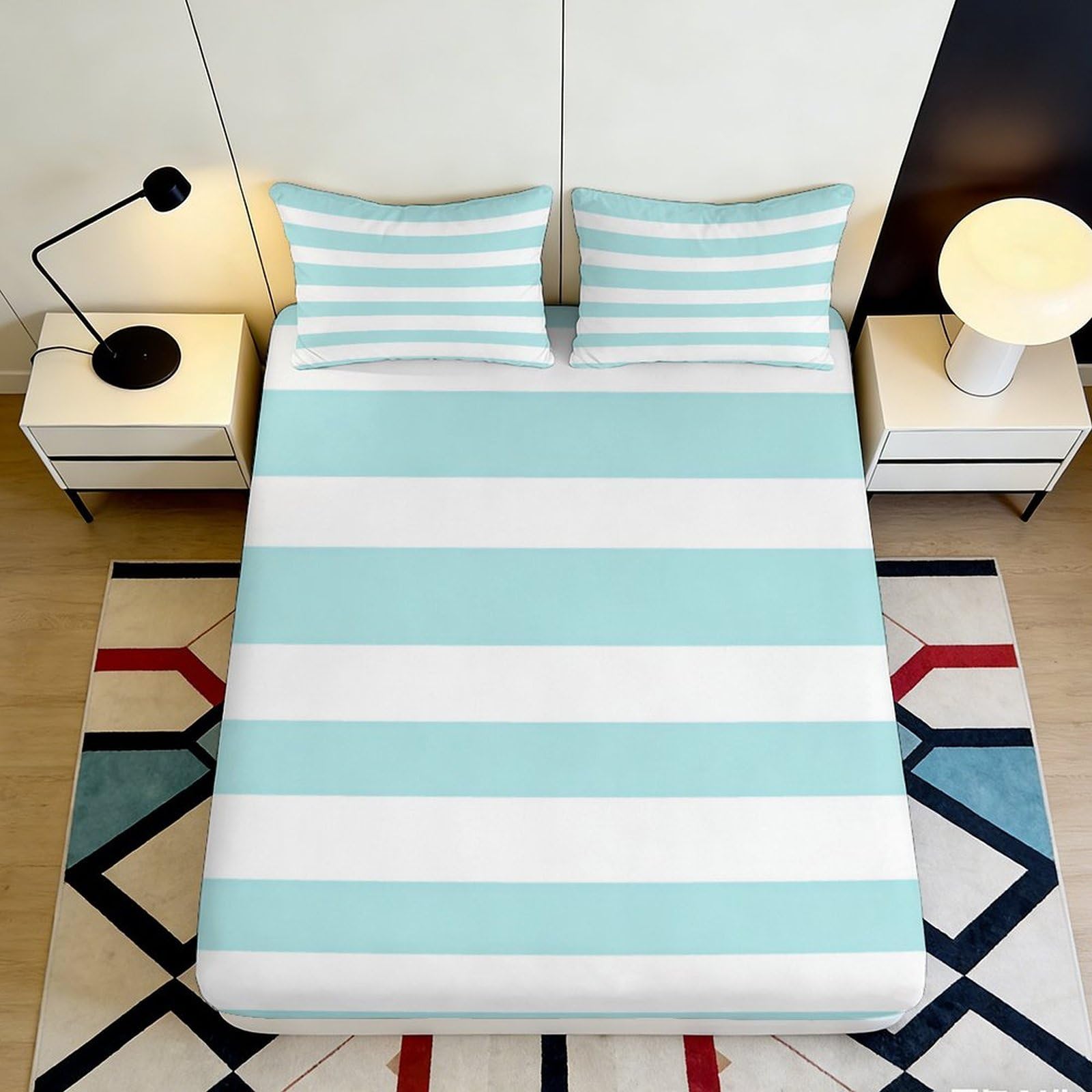 3D Printed Aqua White Stripe Fitted Sheet Microfiber Soft Mattress Cover Bedroom Dorm Decor Easy Care 200x200x25cm