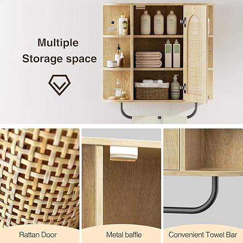 Miniatura 7 de Armario de pared de baño de ratán con toallero, gabinete de medicina montado en la pared con puerta arqueada y estantes ajustables, organizador de