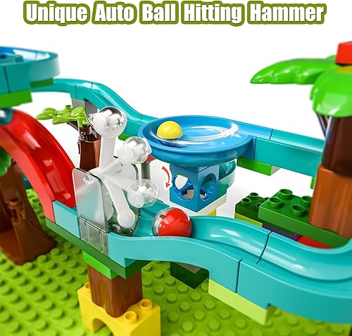 Miniatura 2 de burgkidz Bloques de construcción grandes con martillo de golpeo y ascensor, 130 piezas de juego de laberinto de pelota de carreras de mármol para