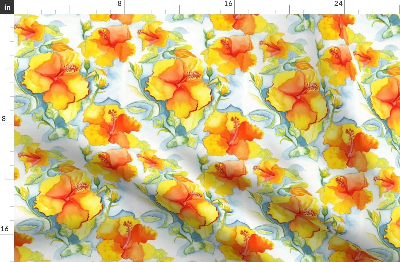 Spoonflower Fabric - Yellow Orange Hibiscus Watercolor Vibrant Tropical Colorful Floral Printed on Organic Cotton Sateen Fabric by The Yard - Sewing Quilting Apparel Home Decor