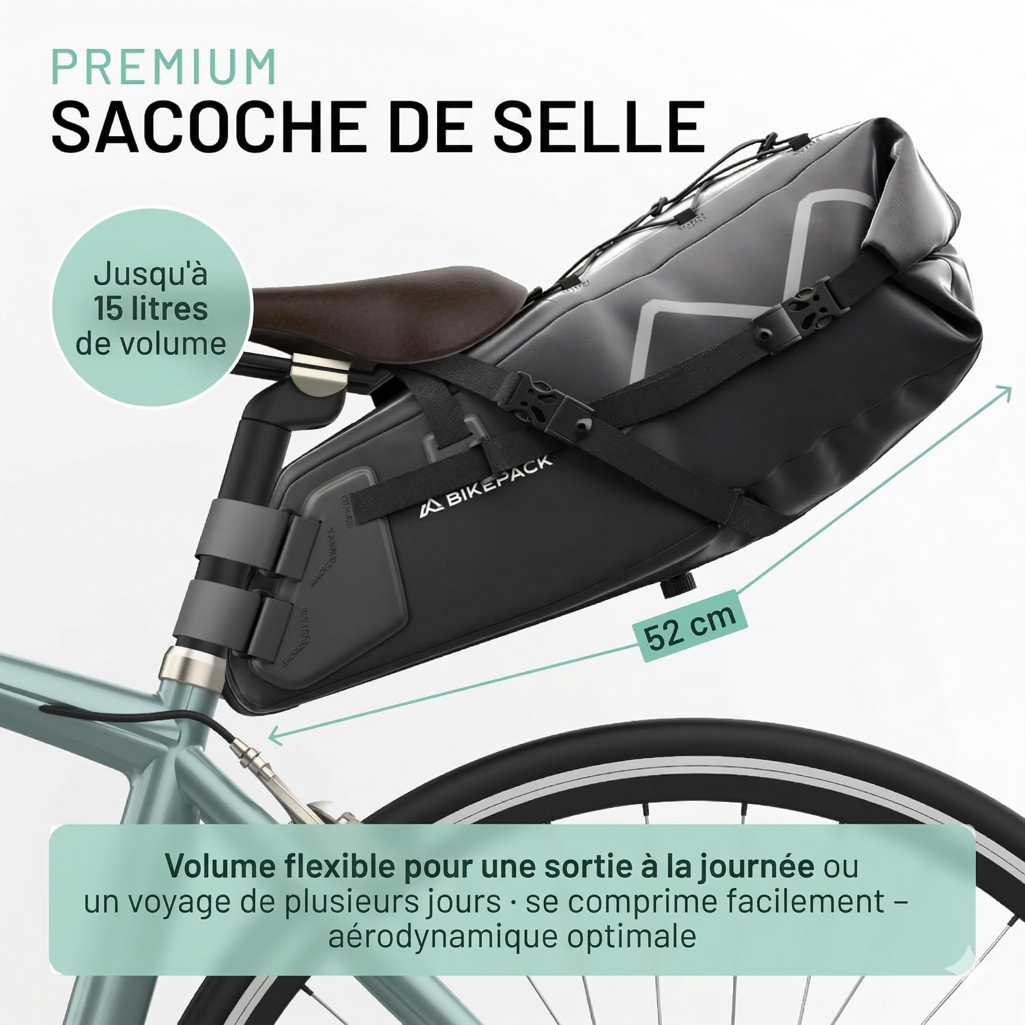 BIKEPACK Sacoche de Selle Vélo 15L Étanche - Bikepacking Gravel Route VTT | Sacoche vélo sans porte-bagages: rolltop 100% étanche, fixation sans outil, sacoche bikepacking pour gravel, route et VTT