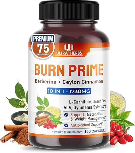 Ultra Burn Prime 1730 mg - 10 en 1 con berberina, canela de Ceilán, L-carnitina, ALA, té verde y gimnasia, apoya el metabolismo, la energía y el
