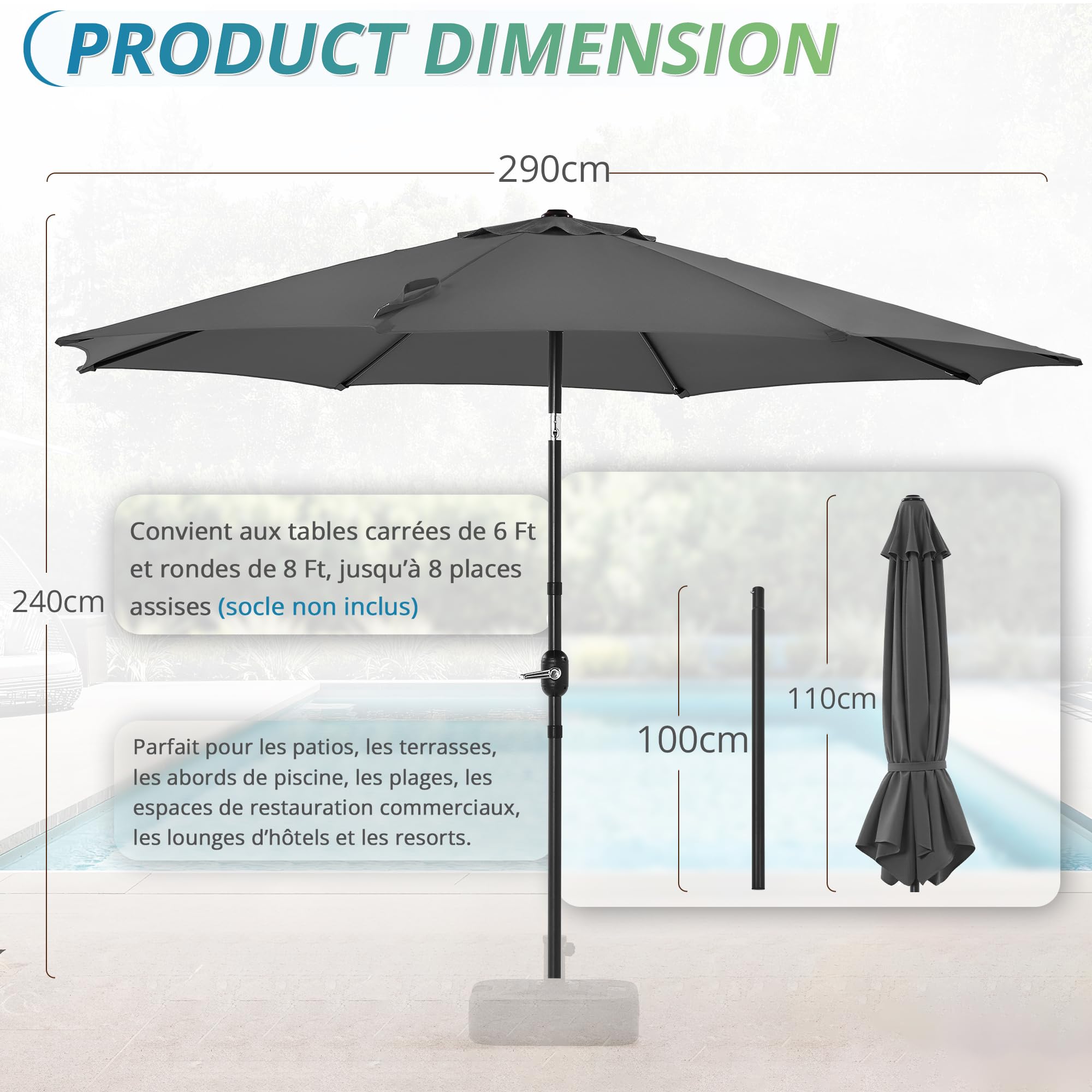 LUE BONA Parasol de Jardin 300cm-Parasol Inclinable avec 8 Baleines Cadre en Métal Protection Solaire,Protection UV 50+ pour Jardin Terrasse Patio Piscine Plage Balcon