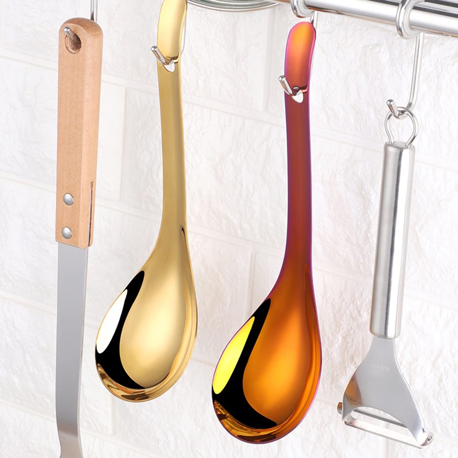 JINGYAN Cuillères Cuillère Commune en Acier Inoxydable, Grande cuillère de Service, cuillère de Porridge de Riz, cuillère ménagère, Grande cuillère à Soupe épaissie(Gold)
