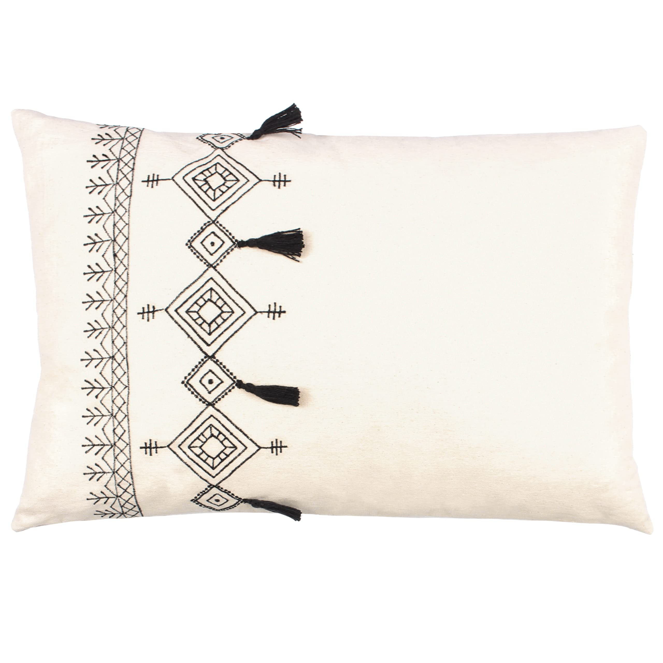 furn. Pritta Polyester Filled Cushion – Bohemian Geometric Embroidered Cotton Tassel Trim Pillow (Natural – 40x60cm)