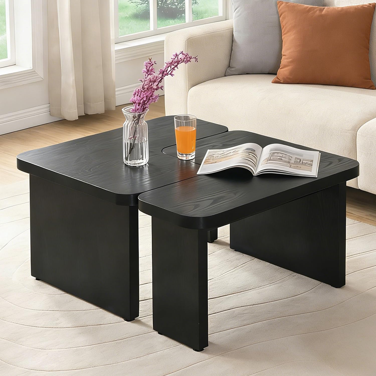 Rectangle Coffee Table 47 4 Inches Wood Finish Nesting Coffee Table Set for Living Room Apartment Garden L-Shape