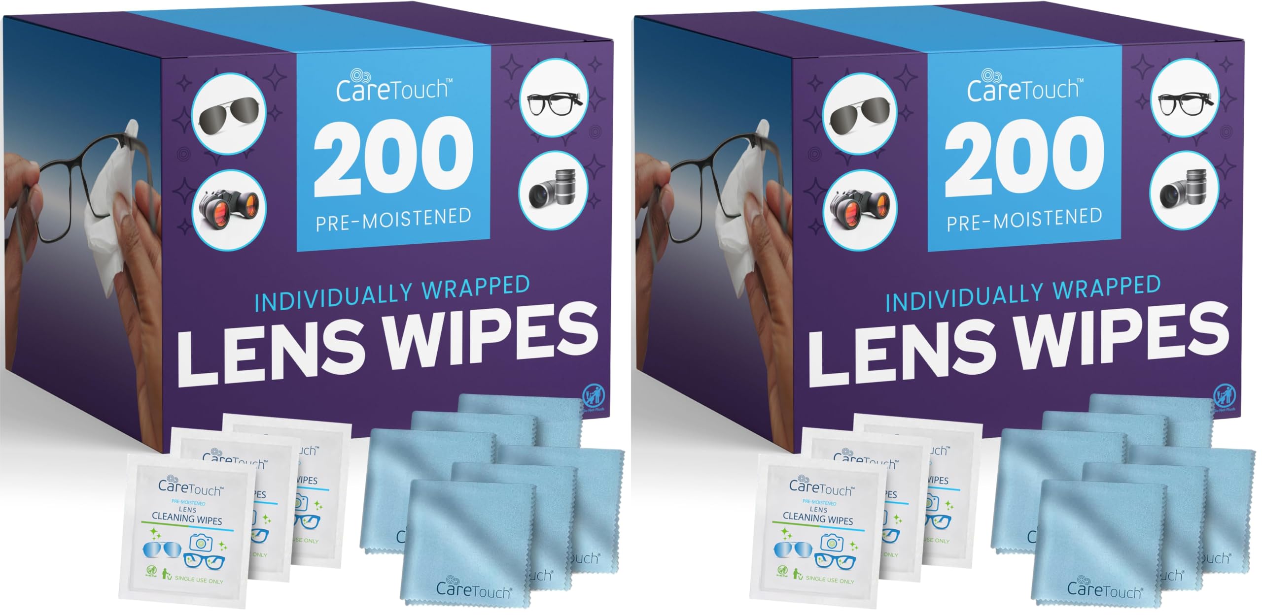 Care Touch Lens Cleaning Wipes with Microfiber Cloths - 200 Lens Wipes for Eyeglasses &amp; 6 Microfiber Cloths - Glasses, Camera Lenses, Screens, Eye Glasses Cleaner for Cleaning Eyeglasses (Pack of 2)