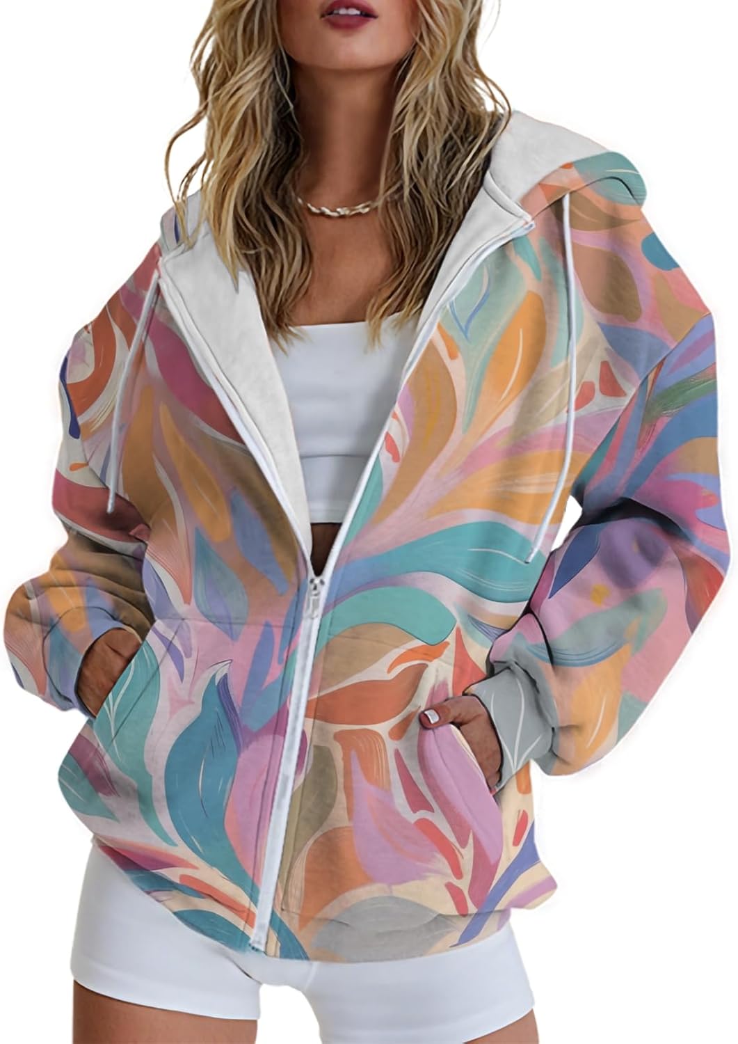 MARSVOVO Oversized Sweatshirts for Women 2025 Zip Up Graphic Print Loose Casual Jacket Trendy Outfits Tops with Pockets