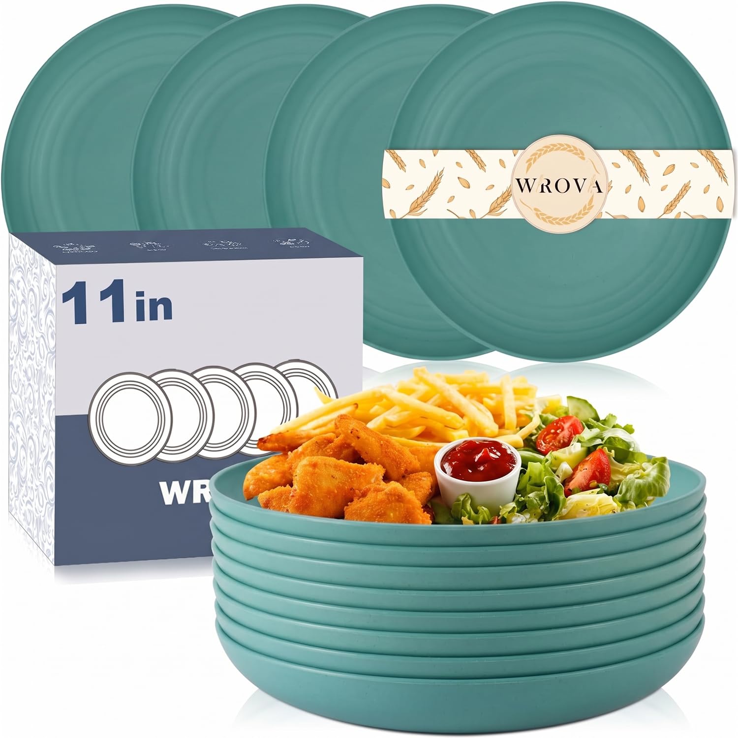 Wrova Plastic Plates Set of 8-11 Inch Unbreakable Deep Plates Serving for Salad, Pizza, Fruit Dishwasher & Microwave Safe Plates, Lightweight Plates for Kitchen, Camping, RV - GreenColors — image 1