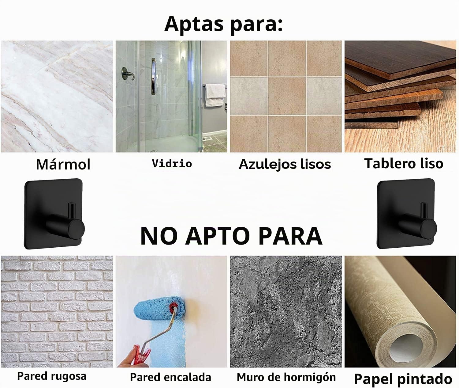 Ganchos para toallas, 6 unidades, autoadhesivos, ganchos de pared, sin agujeros, de acero inoxidable, ideal para baño, baño, cocina, oficina,negro