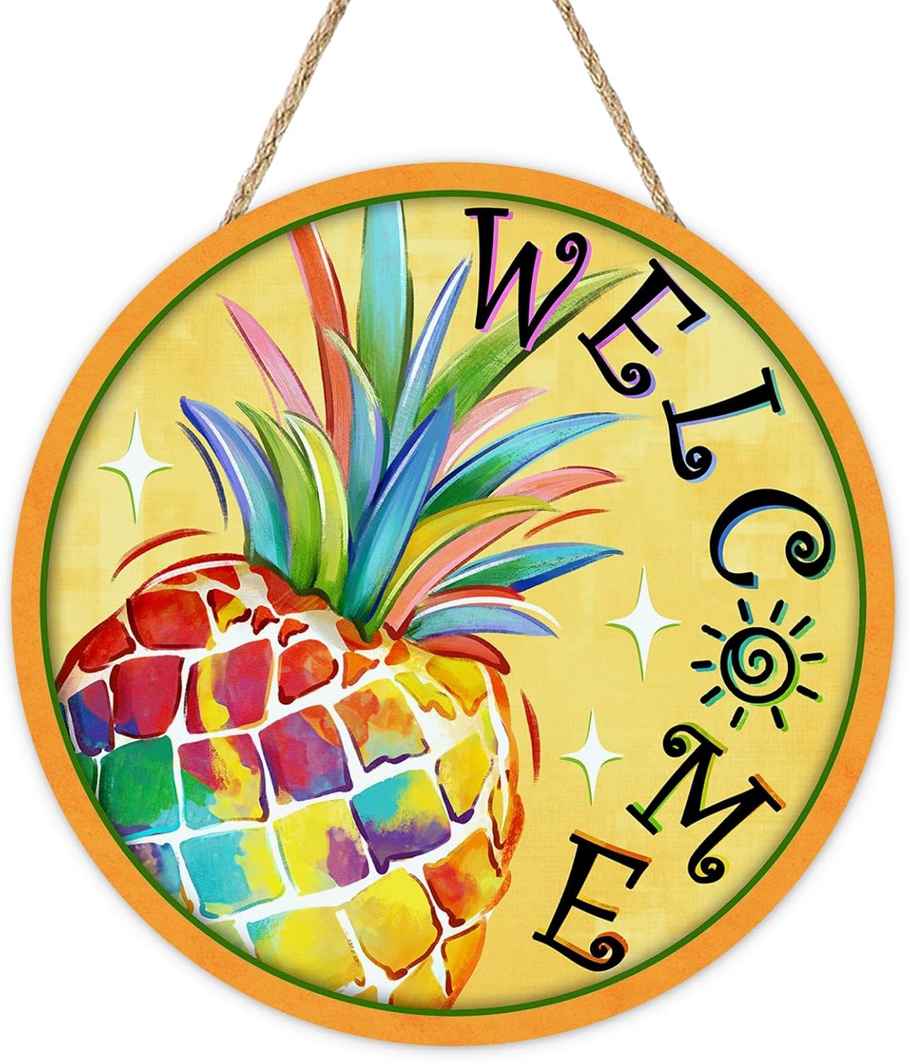 Welcome Summer Pineapple Front Door Sign, Yellow Tropical Fruit Sun Wood Plaque Hanger Outdoor Outside Porch Home Decor, Wooden Wreath Indoor Wall Hanging Decoration