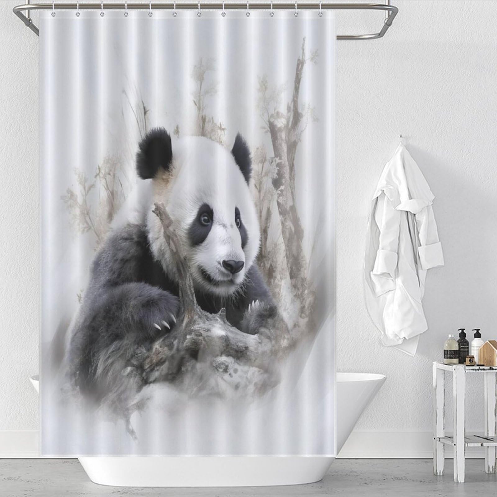 Rideau de douche panda étanche anti-éclaboussures en tissu polyester doux