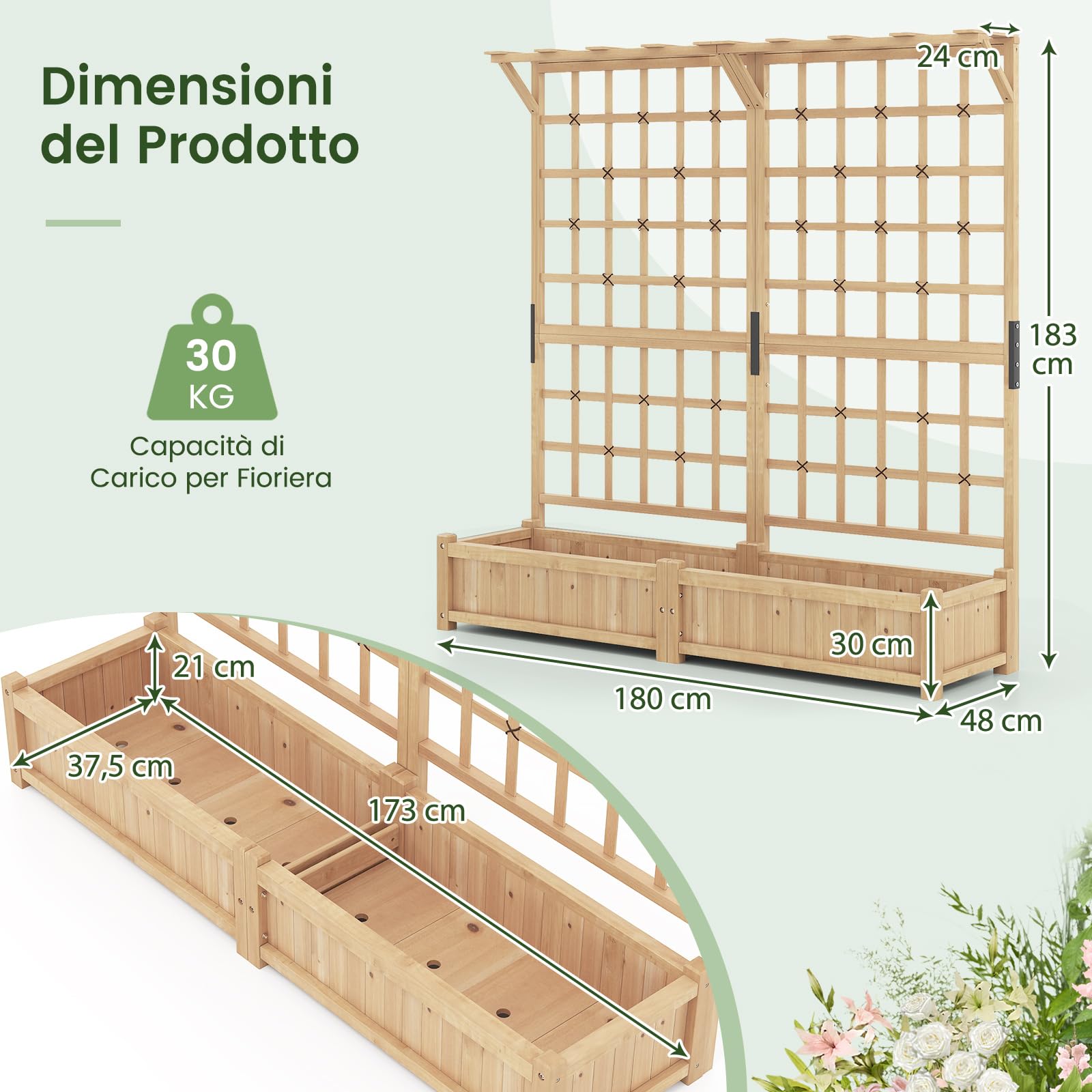 COSTWAY Fioriera in Legno con Traliccoio, Letto da Giardino con Grigliato, Tetto Appeso, 2 Scatole per Piante, 4 Fori di Drenaggio, Aiuola da Giardino Elevata per Piante Rampicanti e Fiori (Naturale)