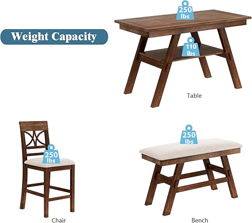 Miniatura 4 de Juego de mesa de comedor de madera de estilo rústico juego de mesa de comedor de 6 piezas con banco 4 sillas y estante de almacenamiento diseñado