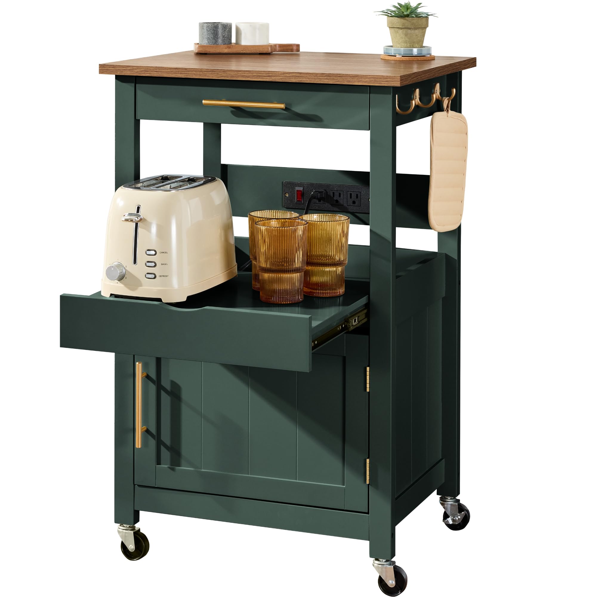 Best Choice Products Rolling Kitchen Island Cart, Single Door Cabinet W/Drawer, Sliding Tray, Outlet, Swivel Lockable Wheels, Hooks, Coffee Cart, Microwave Stand, for Dining Room - Forest Green
