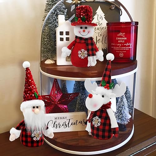 Miniatura 5 de Decoraciones navideñas a cuadros rojos para interiores, paquete de 3 figuras de muñeco de nieve de peluche, Papá Noel y renos, adornos navideños de