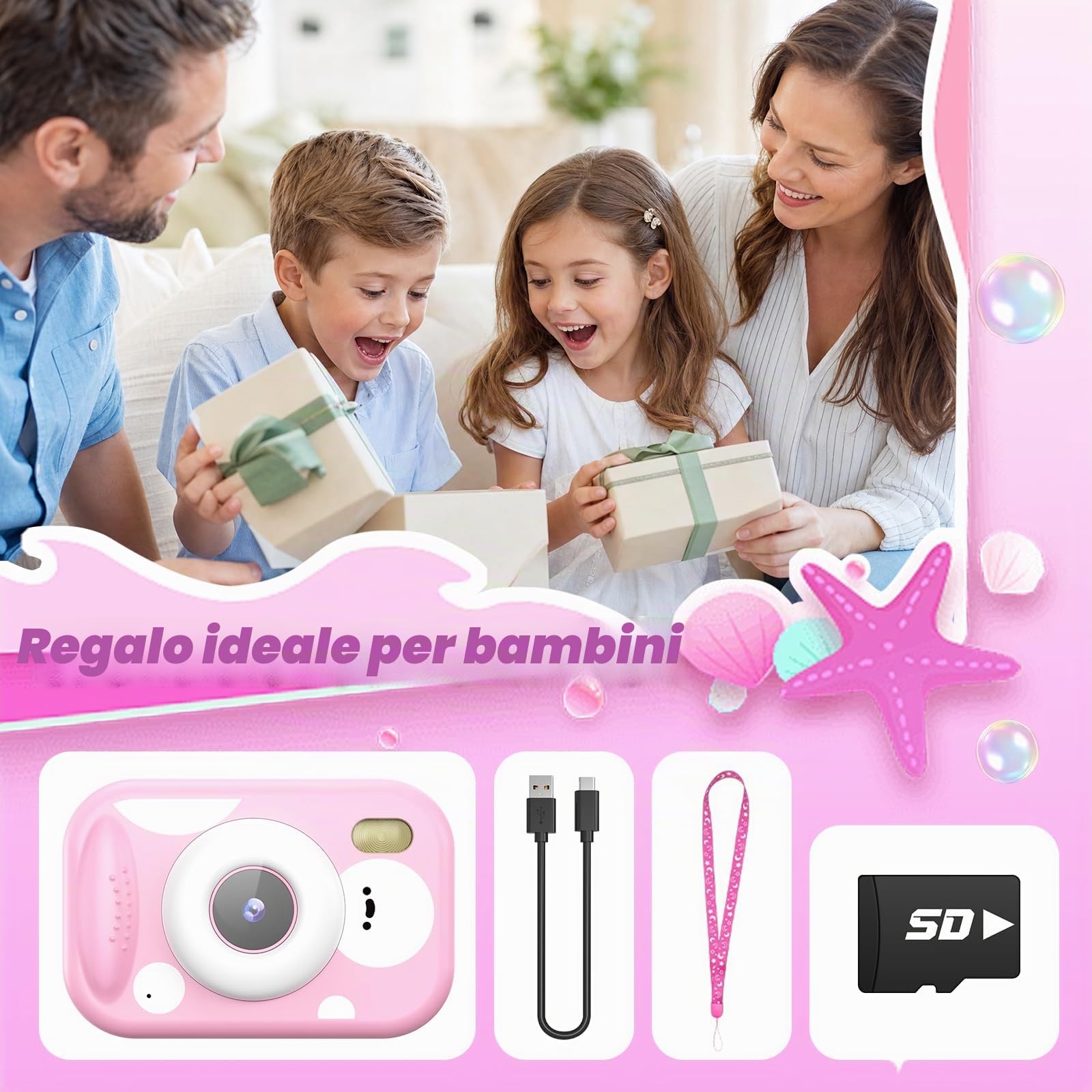 Fotocamera per Bambini, 48MP 1080P Macchina Fotografica Subacquea Impermeabile Digitale Bambini con 2,4 Pollici Schermo Scheda TF Flash LED, Regalo Giocattolo per Bambina e Bambino 3-12 Anni, Rosa
