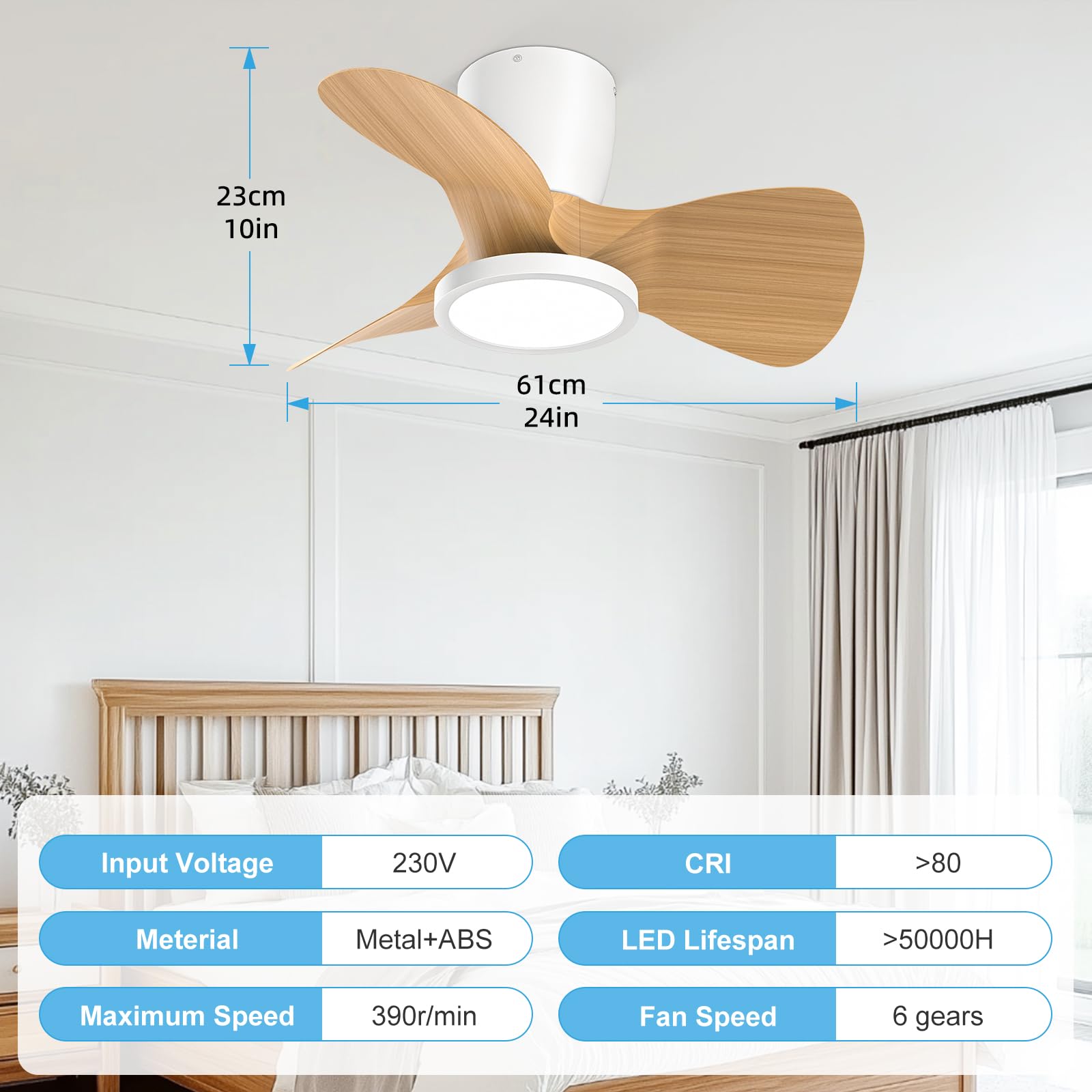 Ateroll Deckenventilator mit Beleuchtung, Ø61cm, 3CCT (3000K-4000K-5000K), 1500 lm Deckenventilator mit Fernbedienung, 6 Geschwindigkeiten, Timer für Wohnzimmer, Schlafzimmer (Helles Holz Maserung)