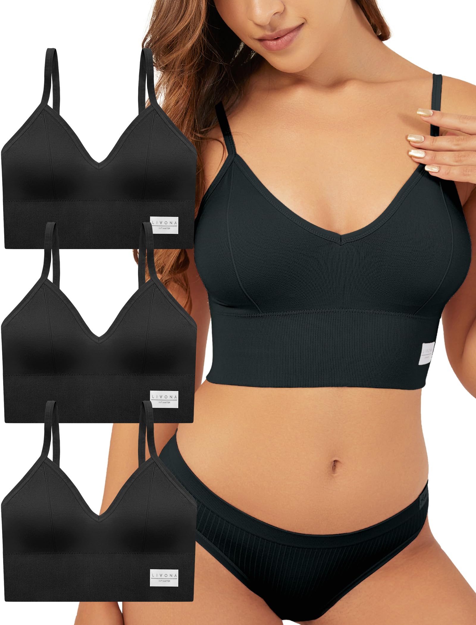 Livona 3 Pack Sports Bras for Women- Wireless Soft Workout Bra, Padded Fitness Bralette, Comfort Crop Cami Tank S-XXL