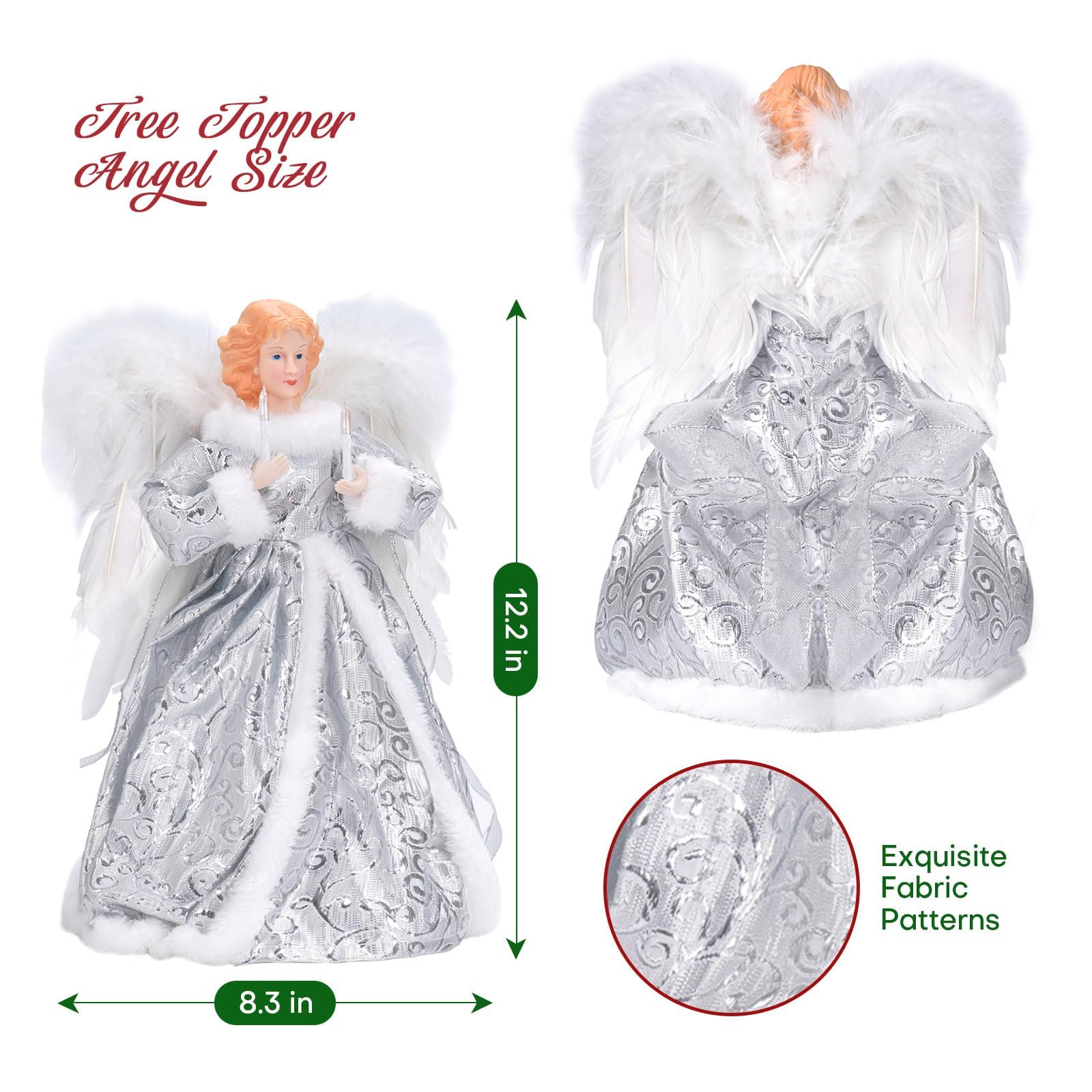 Puntale per albero di Natale a forma di angelo, con luci e telecomando, decorazioni natalizie illuminate, elegante e durevole, perfetto per decorazioni natalizie per la casa e regali, argento, WOKEISE