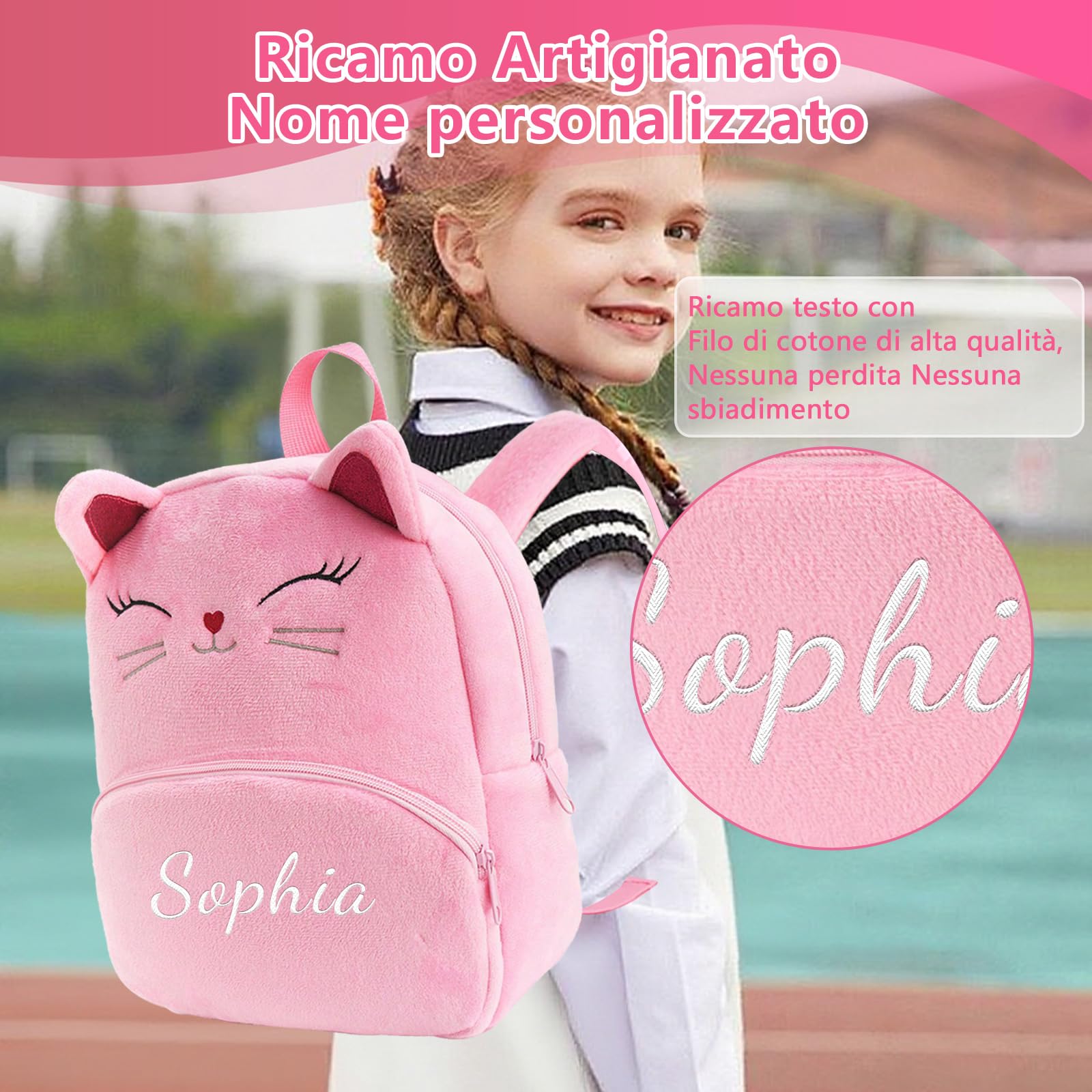 Generico Zaino Asilo Personalizzato con Nome, Zaino per Bambini e Bambine a Forma di Gatto, Mini Zaino Leggero per Asilo Nido, Scuola Materna e Viaggio (Rosso)