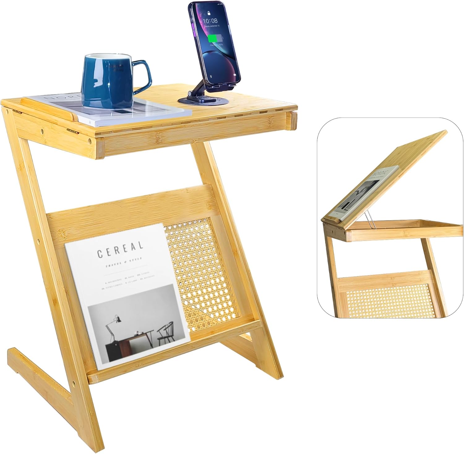 Rattan NightStand Side Table with Adjustable Board Z Shaped End Table for Couch Mid Century Modern Boho NightStand Side Table Bamboo Coffee Side Table for Living Room Bedroom Sofa Small Spaces Natural