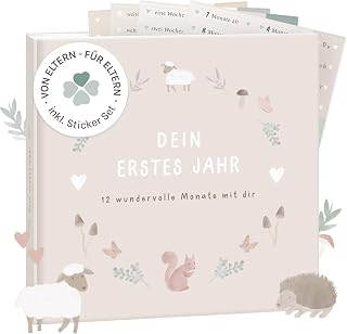 mintkind® Mein erstes Jahr Babyalbum Wald – liebevoll gestaltetes Babytagebuch mit 176 Seiten und Sticker-Set für warme Erinnerungen im ersten Lebensjahr, Hardcover 21 x 21 cm
