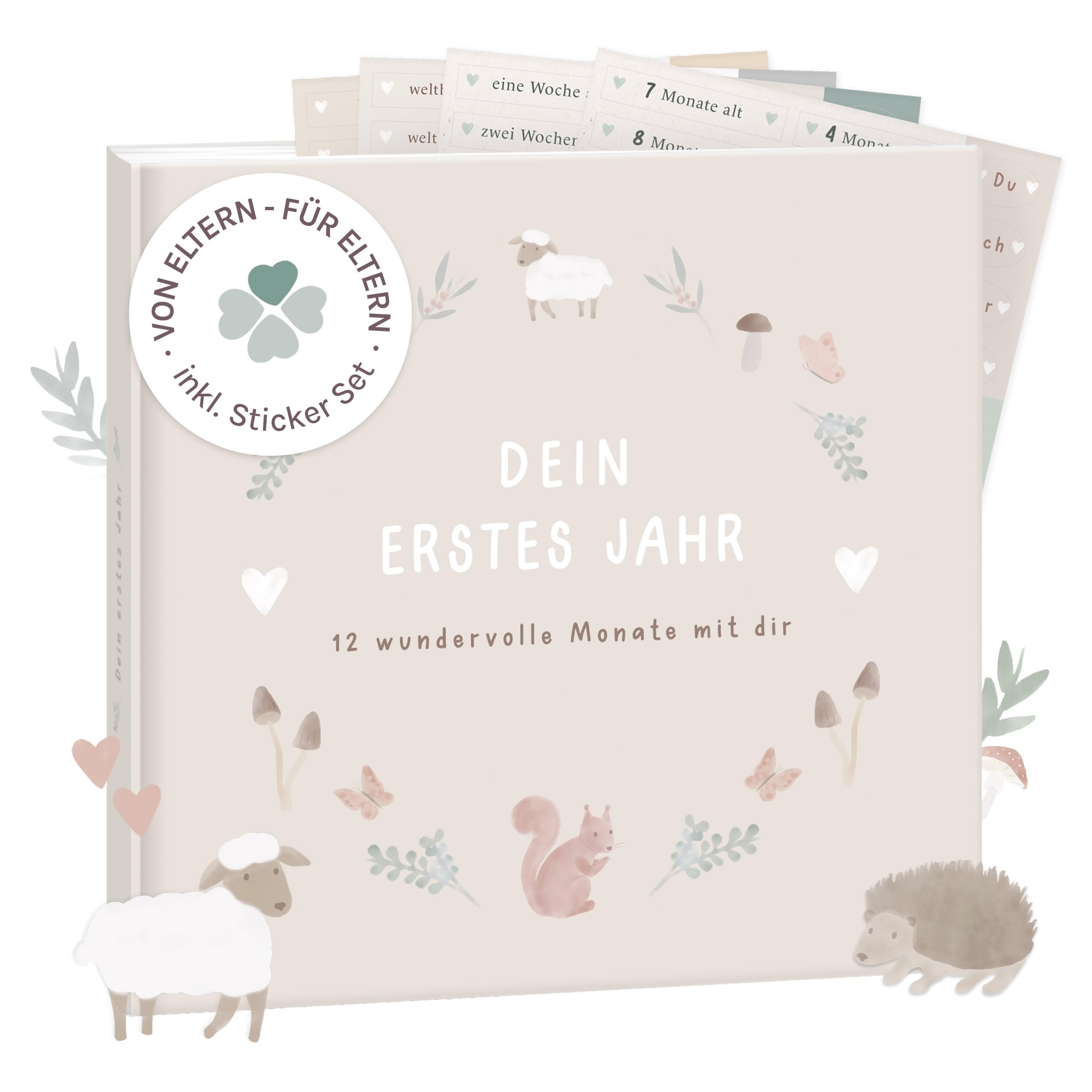 mintkind® Mein erstes Jahr Babyalbum Wald – liebevoll gestaltetes Babytagebuch mit 176 Seiten und Sticker-Set für warme Erinnerungen im ersten Lebensjahr, Hardcover 21 x 21 cm