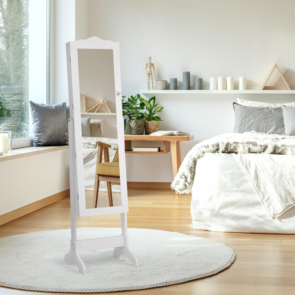 HOMASIS Armoire à bijoux avec miroir, étagère à bijoux verrouillable et 14 LED automatiques, armoire à bijoux sur pied avec support, 4 angles d'inclinaison réglables (blanc)