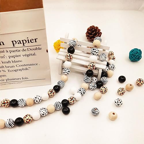 Miniatura 5 de Kit de 150 cuentas de madera de vaca de leopardo y cebra de 0.63 pulgadas, cuentas de madera redondas de granja, manualidades, cuentas de madera