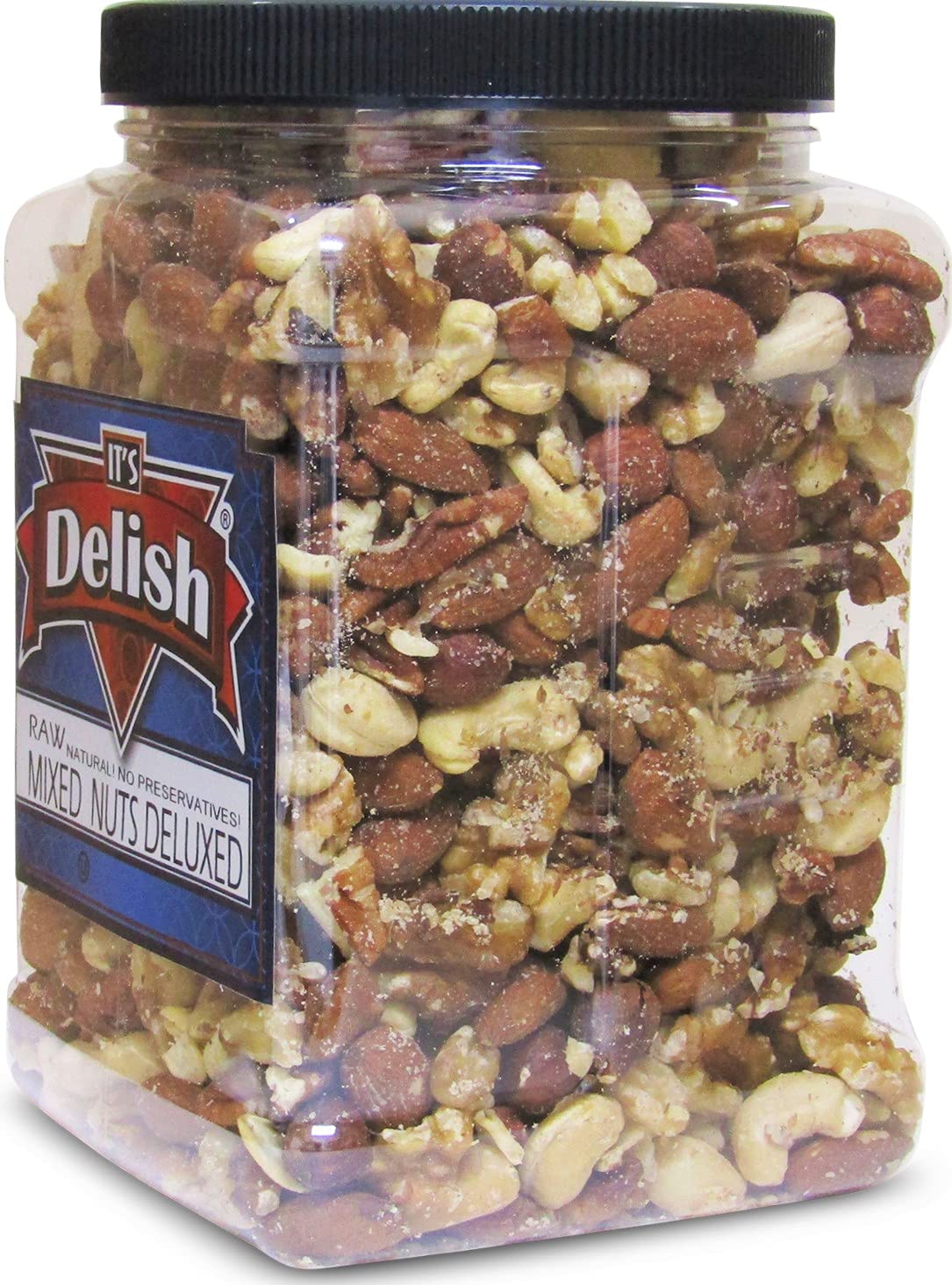 Deluxe Raw Mixed Nuts with No Peanuts by Its Delish, Bulk 2 lbs Jumbo Reusable Container – Premium Raw Unsalted Nut Mix Without Peanuts – Great for Parties, Snacking and Salads - Keto, Vegan, Kosher