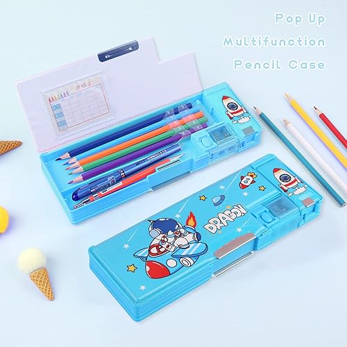 Miniatura 2 de Paquete de 2 Estuche multifunción desplegable para niñas y niños, lindo organizador de dibujos animados con sacapuntas, horario, suministros