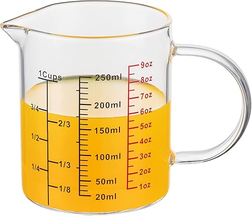 Taza medidora de vidrio mango aislado Boquilla en forma de V - Hecho de vidrio de borosilicato alto para cocina o restaurante, fácil de leer, 8.5 fl