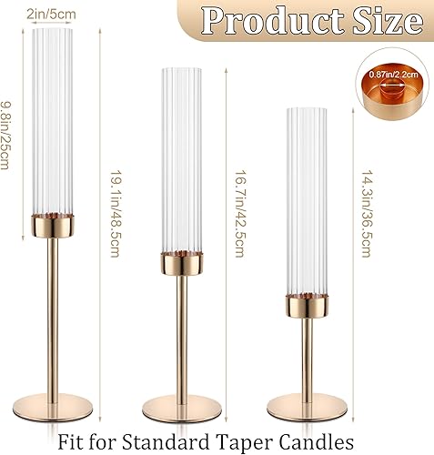 Miniatura 4 de Portavelas dorados de huracán, juego de 3 portavelas cónicos de cristal, soportes de metal para velas a granel con cubierta de vidrio acanalado para