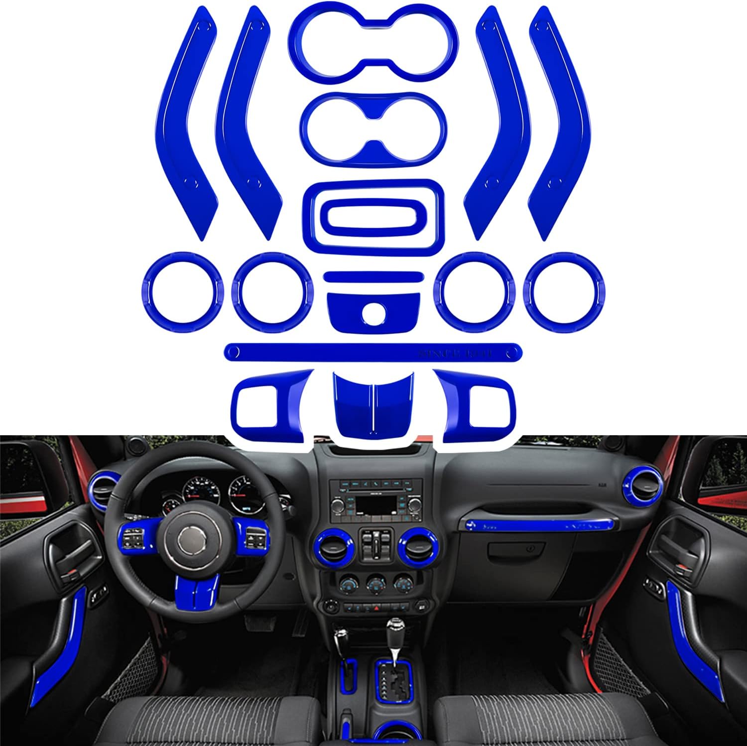 E-cowlboy 18 PCS Full Set Interior Decoration Trim Kit Steering Wheel Center Console Door Handle Air Conditioning Vent Cup Holder Gear Cover Trim for Jeep Wrangler JK JKU 2011-2018 4-Door (Blue)