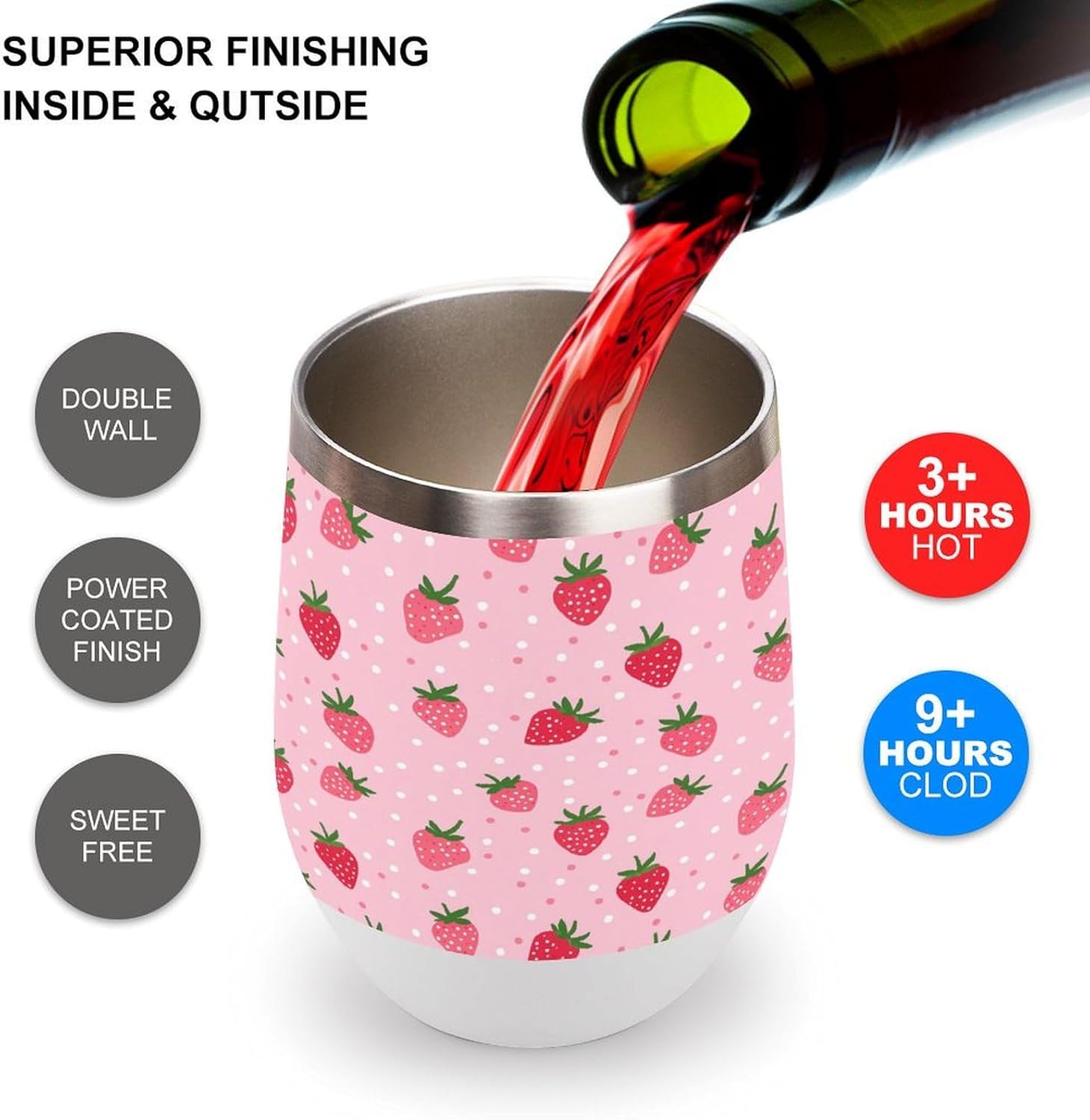 Polka Dot Strawberry Cartoon Coffee Travel Mug Cup Insulated Tumbler Stainless Steel with Flip Lid One Size