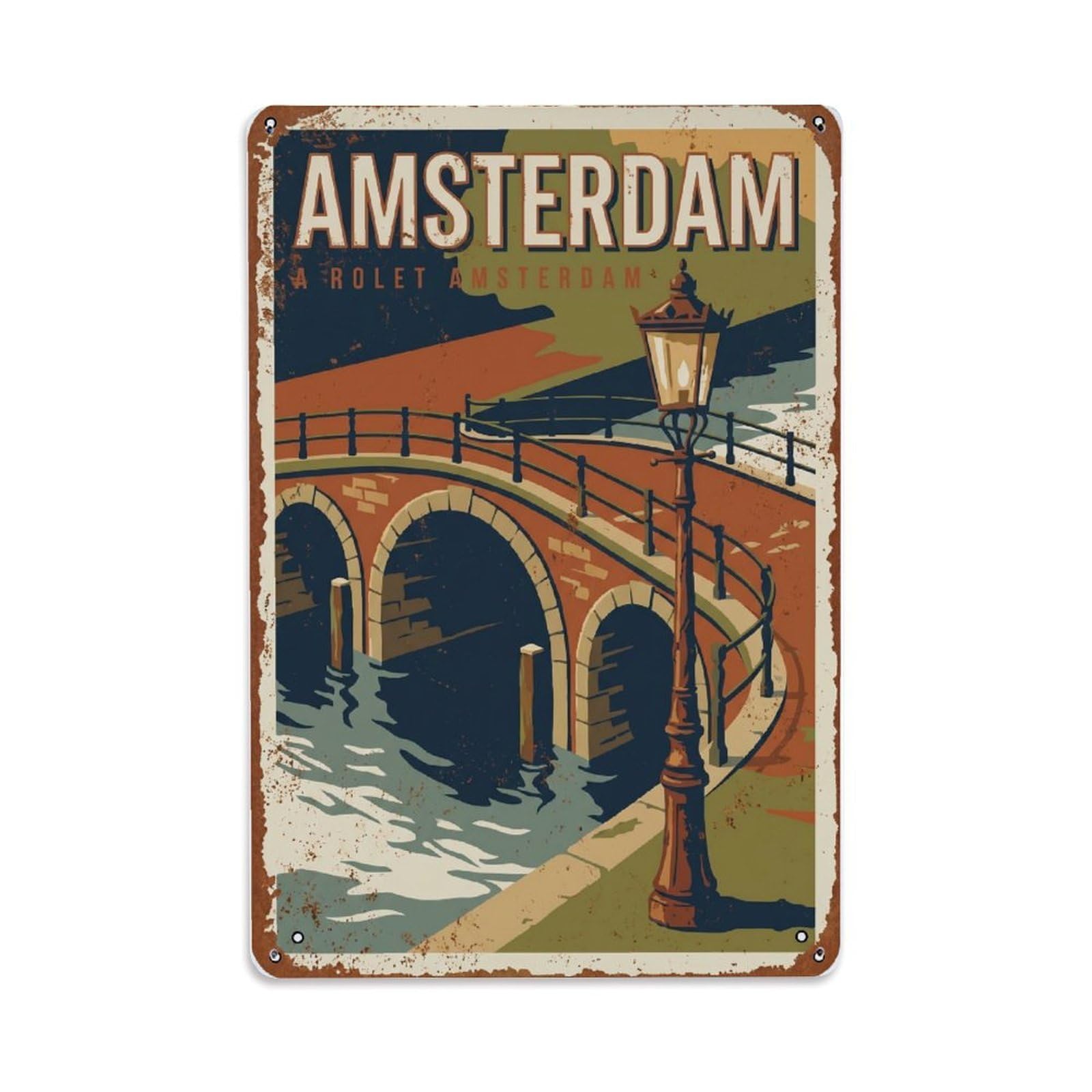 Vintage Travel Lamppost Netherlands Vintage Metal Tin Sign Plaque Wall Decor for Cafe, Club Bar, Office, Home Garden Metal Poster 8x12Inch