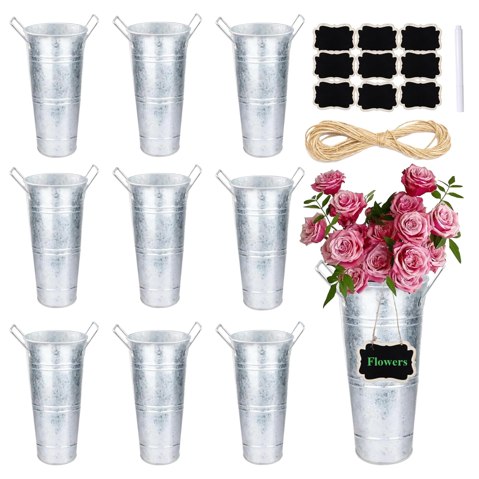 Photo 1 of 10 Set Galvanized Flower Buckets Farmhouse Flower Vases Metal Vases for Flowers Rustic Flower Bucket with Small Chalkboard Label Metal Flower Buckets for Flowers Wedding Table Centerpieces (10inch