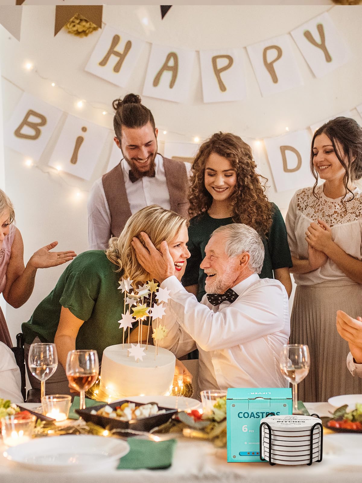 LIFVER Posavasos divertidos para bebidas absorbentes con soporte, juego de 8 posavasos con base de corcho, cerámica de mármol blanco estilo posavasos con 4 refranes para mesa de madera