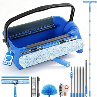 9-Pc Window Cleaning Kit with Bucket,14'' 2-in-1 Squeegee & Spare Blade