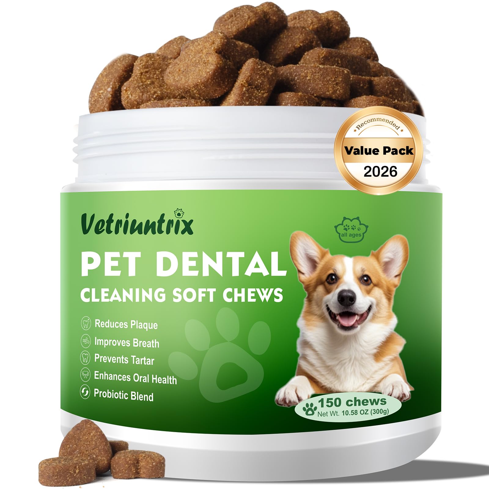 Dog Teeth Cleaning Chews, Dog Dental Chews for Plaque & Tartar Control with Natural Enzymes, Dental Care for Dogs with Probiotic, Fresh Breath for Small Medium Large Dogs