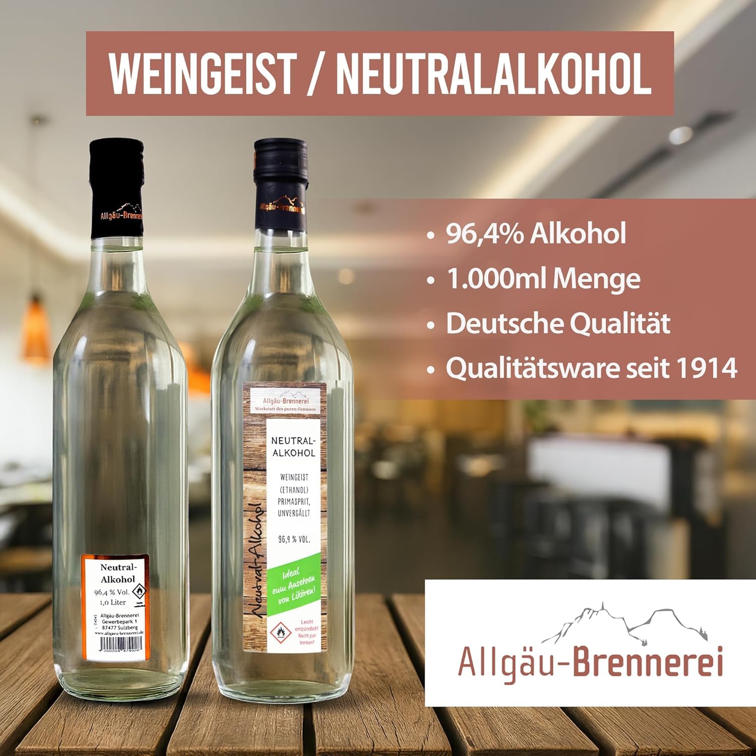 Allgäu Brennerei Weingeist Primasprit Ethanol 1000ml - Neutral Alkohol - Ideal zur Herstellung von selbstgemachten Likören (3 Flaschen)