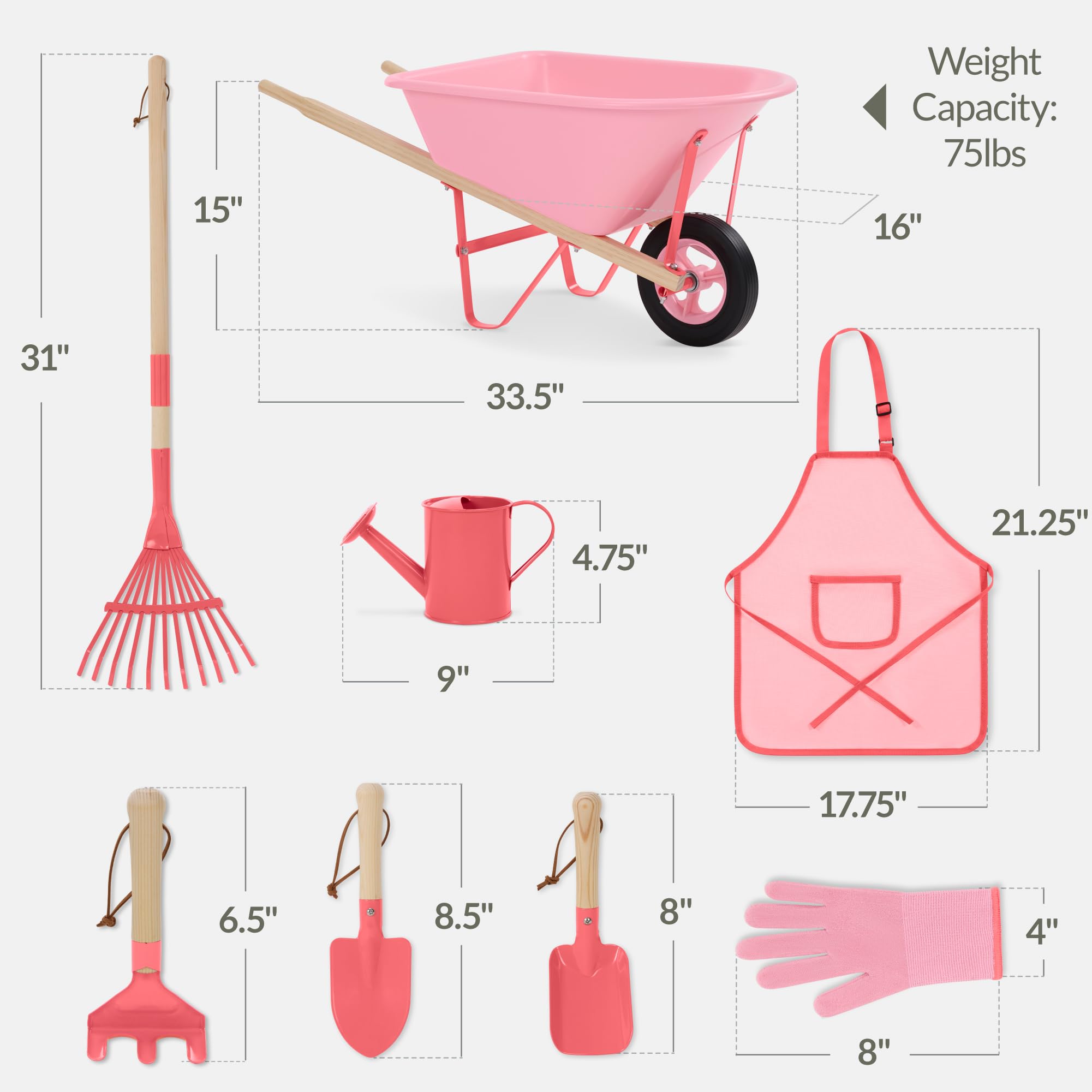 Best Choice Products Set di attrezzi da giardinaggio per bambini, 8 pezzi con carriola, utensili in metallo, annaffiatoio, grembiule e guanti, set da gioco per bambini da giardino per bambini dai 3