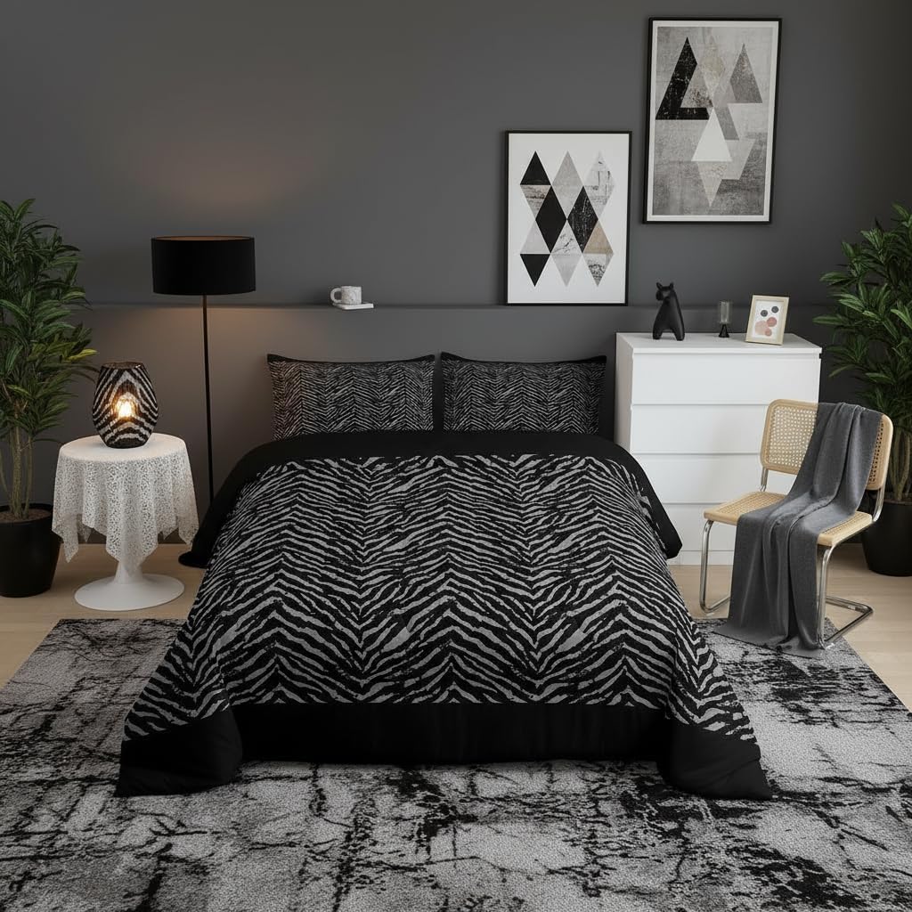 Castle Fairy Zebra Print Bedding Set Full Size Africa Wildlife Comforter Set Black Grey Animals Skin Quilt Set 3pcs for Kids Girls Boys Bedroom Decor Romantic Stripes Duvet Insert,2 Pillowcases