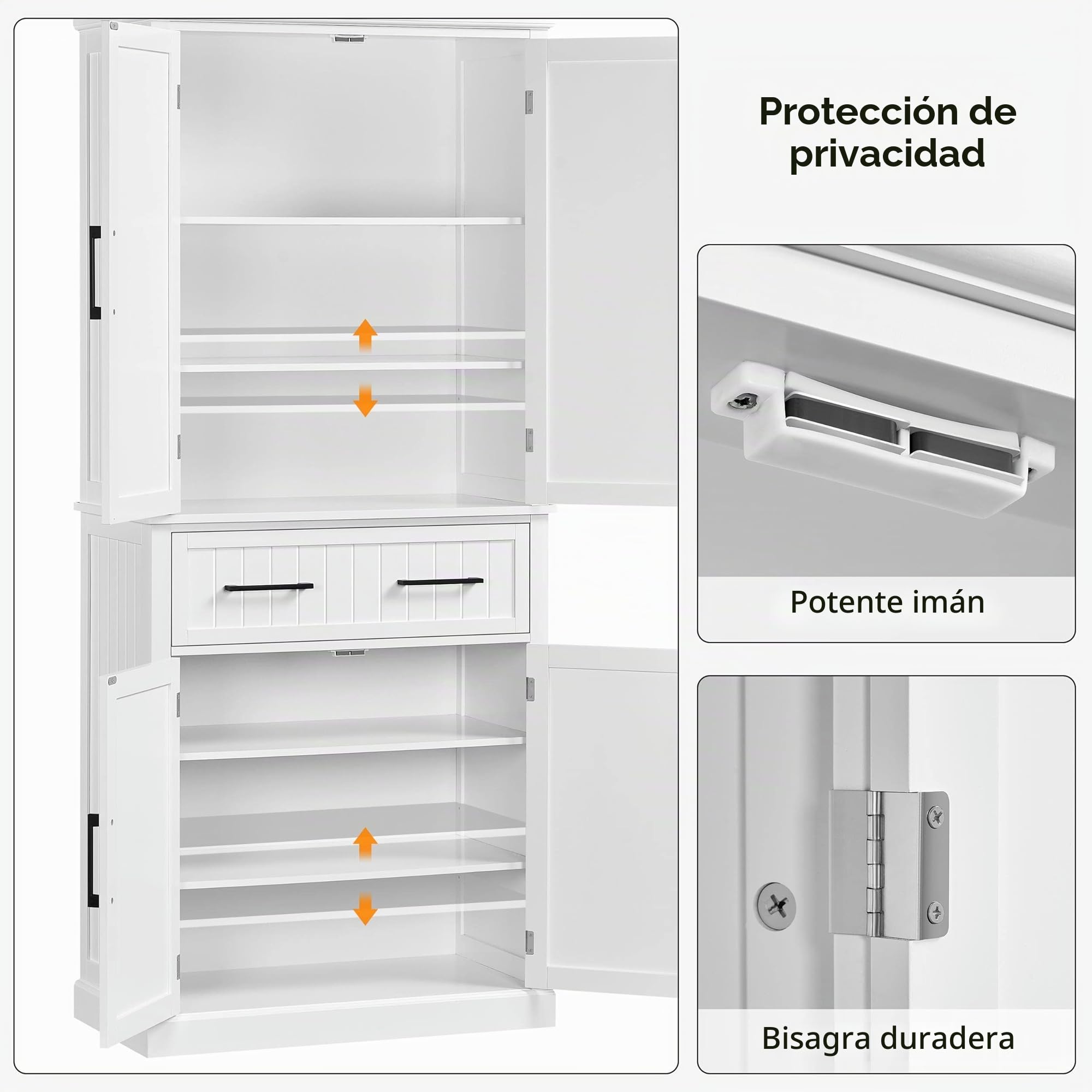Yaheetech Armario de Almacenamiento con 4 Puertas y 1 Cajón, 183.5x76.5x40.5 cm, 2 Estantes Ajustables para Cocina, Salón y Entrada, Blanco