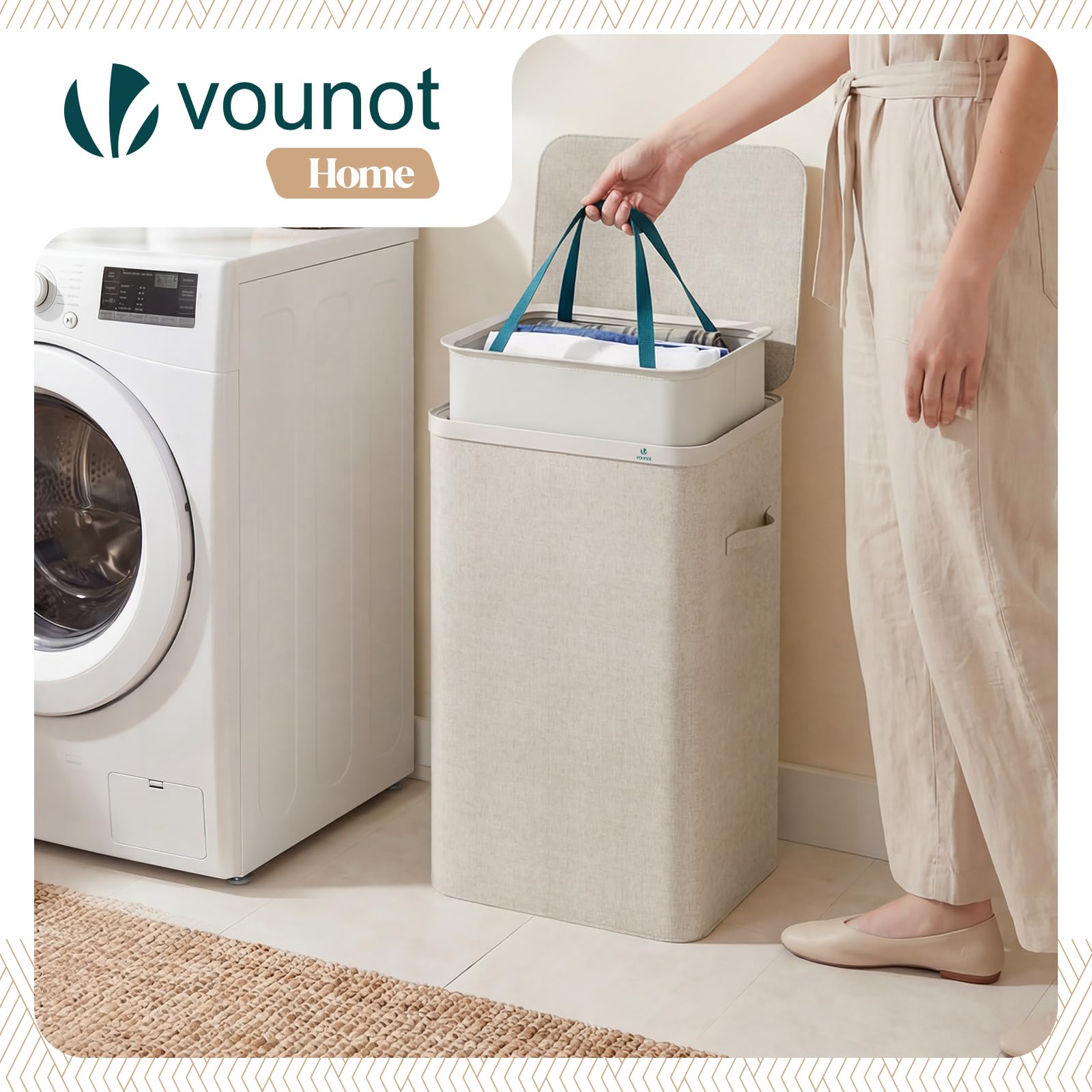 VOUNOT® Cesto Portabiancheria 90L Rettangolare con Coperchio, Cesto Biancheria con Sacco Rimovibile Autoportante e Manici, Salvaspazio per Bagno, Camera da Letto Lavanderia e Soggiorno, Beige - 5