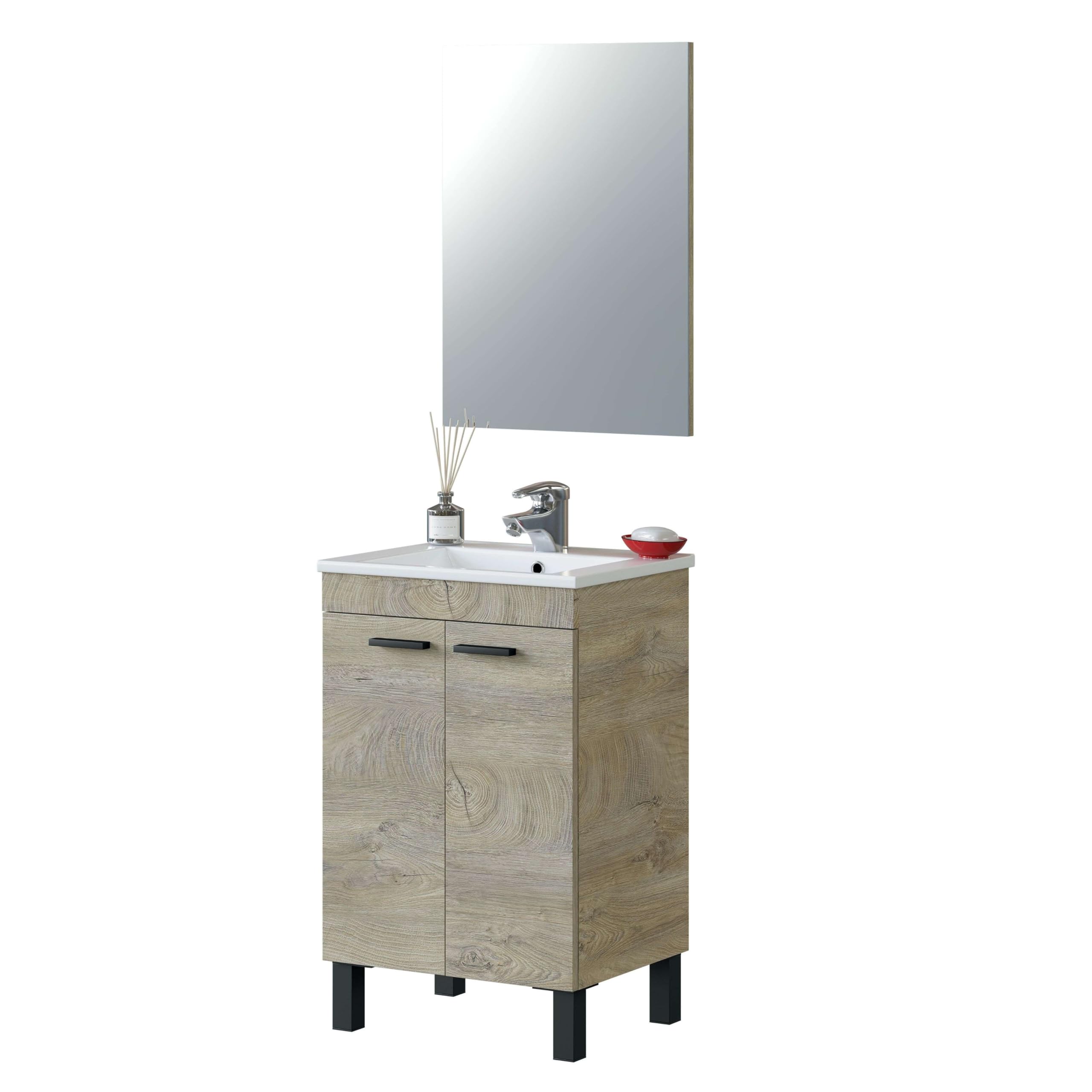 ARKITMOBEL – Mueble de Baño con 2 Puertas y Espejo, Módulo Lavabo con Patas, Color Roble Alaska, 50x80x40 cm – Modelo PM (Lavabo no Incluido)