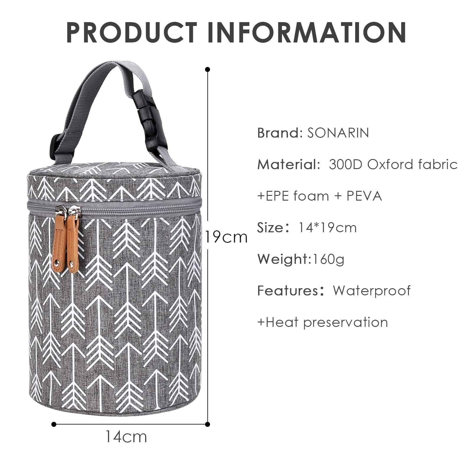 SONARIN Borsa Termica Portatile per Biberon e Bottiglie, Impermeabile e Isotermica, Tasca con Manico per Viaggi, Calda e Fredda (Grigio)